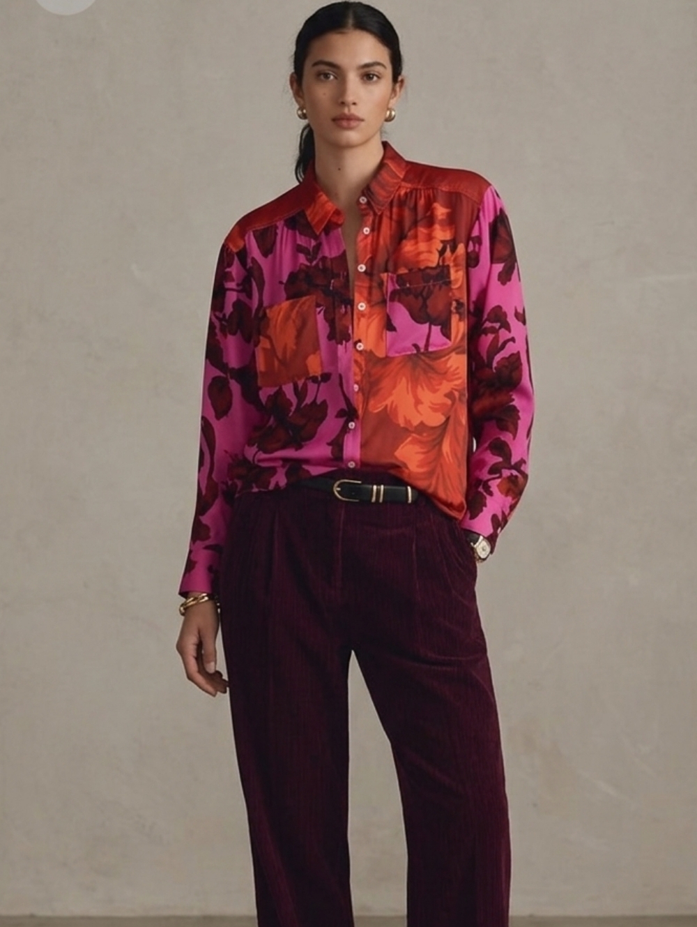 💥ANTHROPOLOGIE Vibrant Pink & Orange Floral Button-Up Shirt Size XL